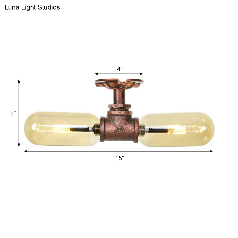 Rustic 2 - Bulb Kitchen Ceiling Light With Amber Glass Shade And Weathered Copper Pipe Design