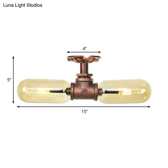 Rustic 2 - Bulb Kitchen Ceiling Light With Amber Glass Shade And Weathered Copper Pipe Design