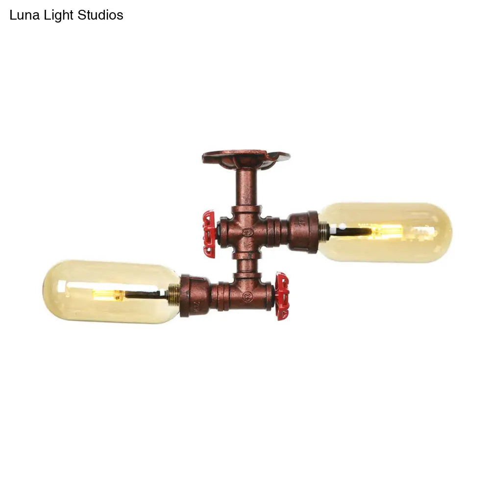 Rustic 2-Bulb Kitchen Ceiling Light With Amber Glass Shade And Weathered Copper Pipe Design