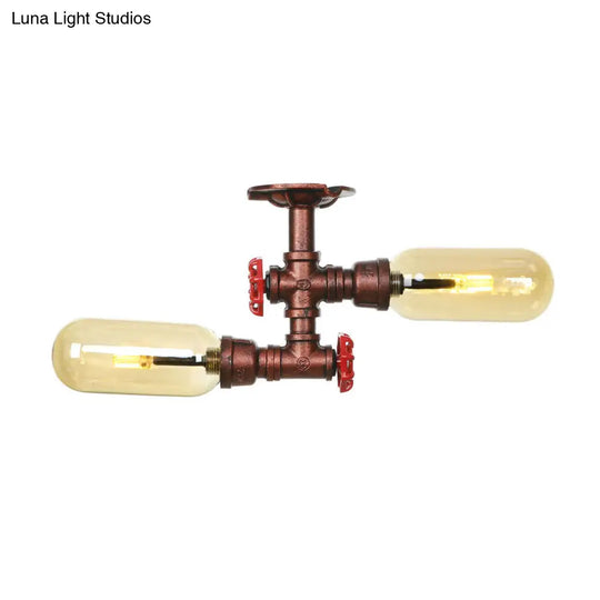 Rustic 2-Bulb Kitchen Ceiling Light With Amber Glass Shade And Weathered Copper Pipe Design