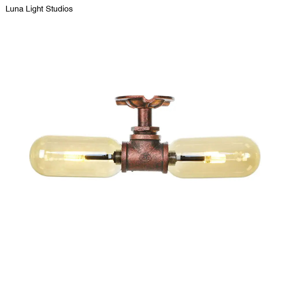 Rustic 2-Bulb Kitchen Ceiling Light With Amber Glass Shade And Weathered Copper Pipe Design