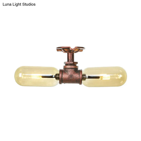 Rustic 2-Bulb Kitchen Ceiling Light With Amber Glass Shade And Weathered Copper Pipe Design