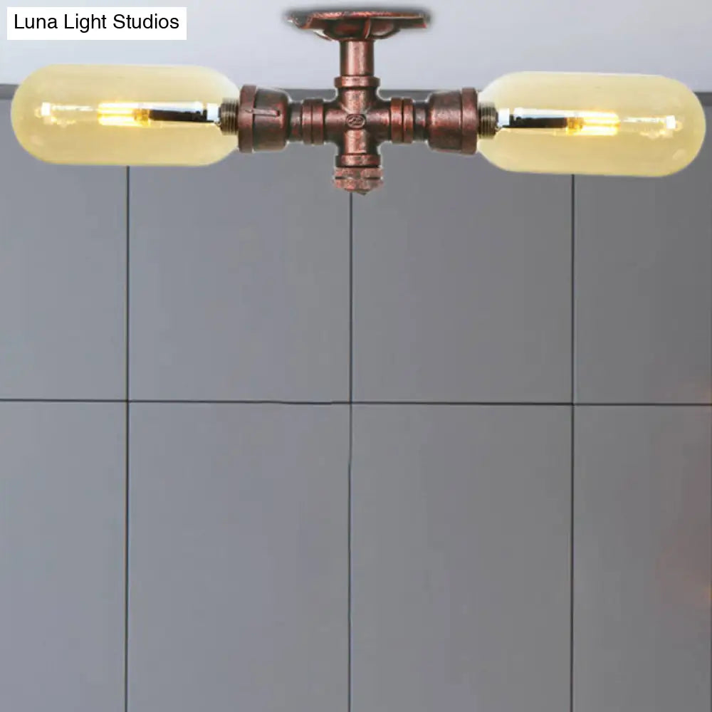 Rustic 2-Bulb Kitchen Ceiling Light With Amber Glass Shade And Weathered Copper Pipe Design / A