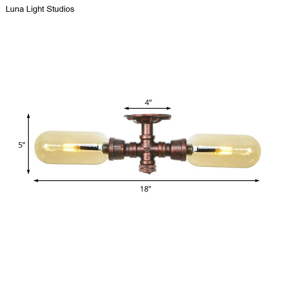 Rustic 2-Bulb Kitchen Ceiling Light With Amber Glass Shade And Weathered Copper Pipe Design