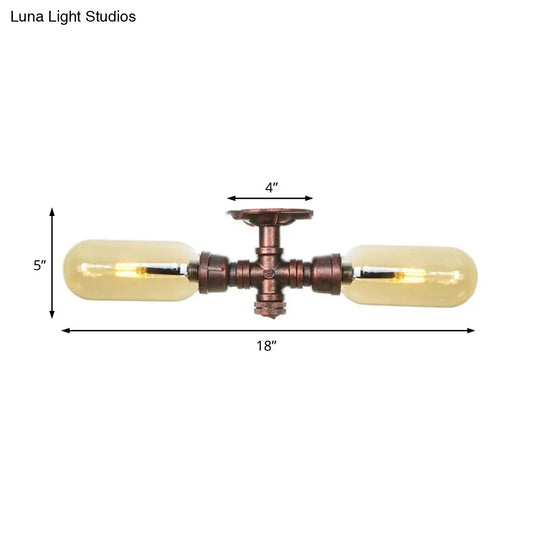 Rustic 2-Bulb Kitchen Ceiling Light With Amber Glass Shade And Weathered Copper Pipe Design