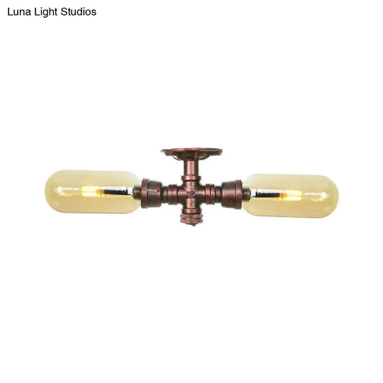 Rustic 2 - Bulb Kitchen Ceiling Light With Amber Glass Shade And Weathered Copper Pipe Design