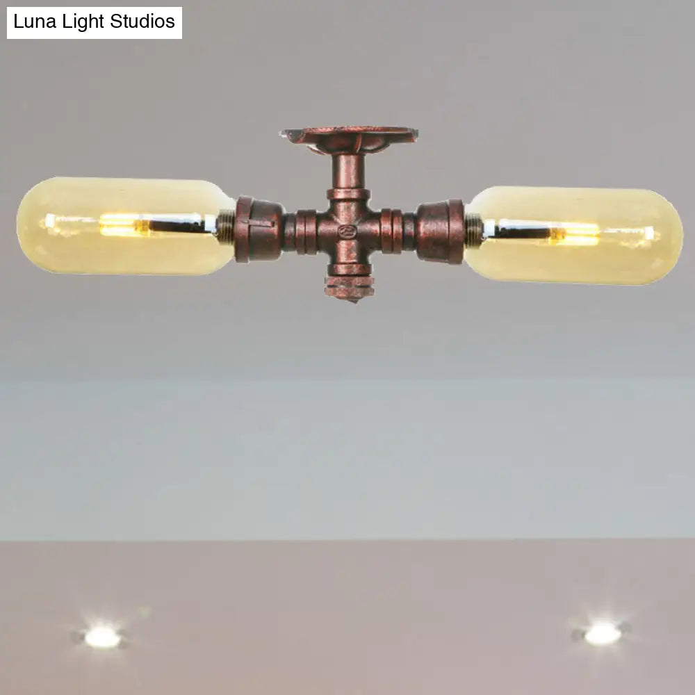 Rustic 2 - Bulb Kitchen Ceiling Light With Amber Glass Shade And Weathered Copper Pipe Design