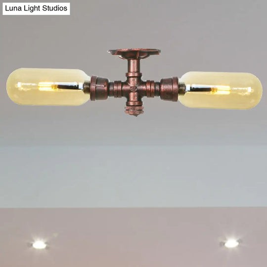 Rustic 2 - Bulb Kitchen Ceiling Light With Amber Glass Shade And Weathered Copper Pipe Design