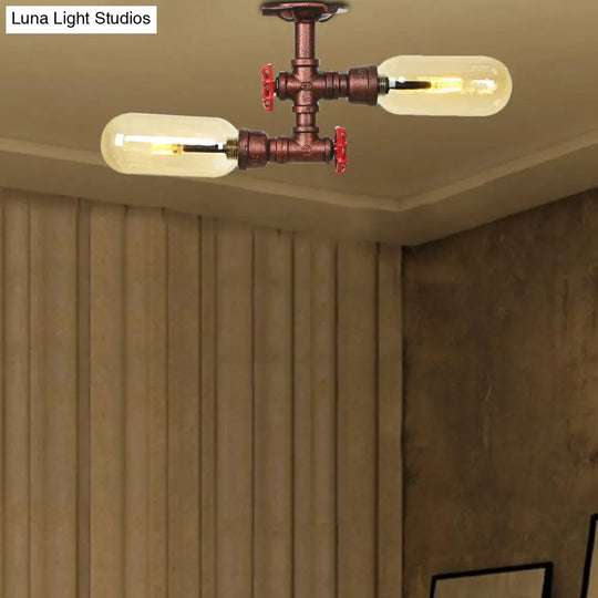 Rustic 2-Bulb Kitchen Ceiling Light With Amber Glass Shade And Weathered Copper Pipe Design / C