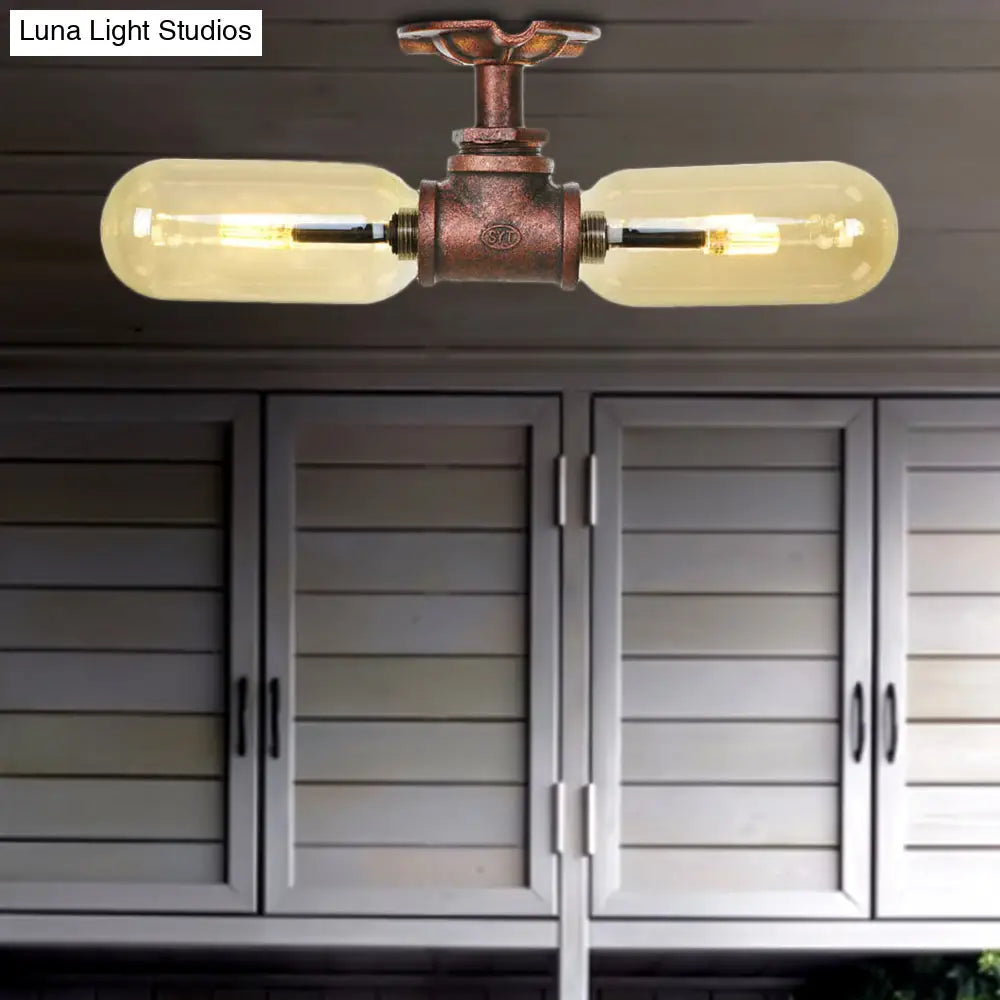Rustic 2-Bulb Kitchen Ceiling Light With Amber Glass Shade And Weathered Copper Pipe Design / B