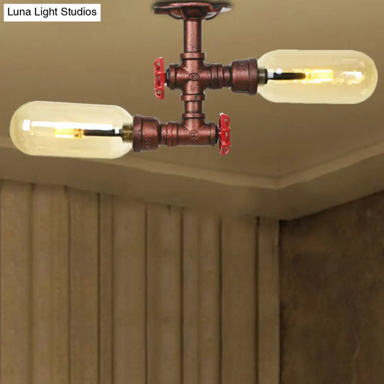 Rustic 2 - Bulb Kitchen Ceiling Light With Amber Glass Shade And Weathered Copper Pipe Design