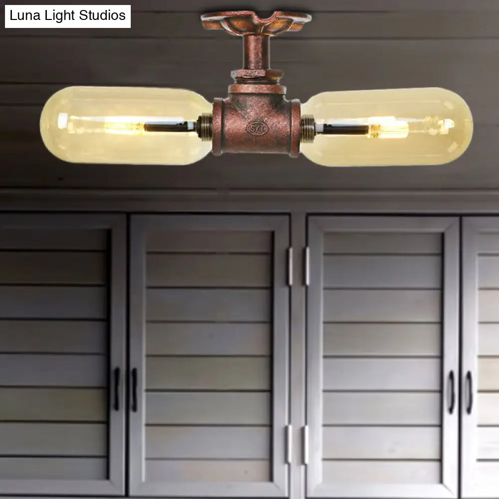 Rustic 2 - Bulb Kitchen Ceiling Light With Amber Glass Shade And Weathered Copper Pipe Design