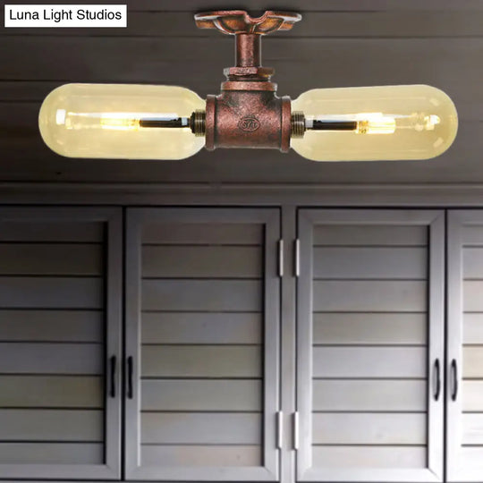 Rustic 2 - Bulb Kitchen Ceiling Light With Amber Glass Shade And Weathered Copper Pipe Design