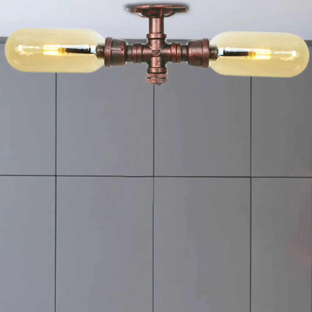 Rustic 2 - Bulb Kitchen Ceiling Light With Amber Glass Shade And Weathered Copper Pipe Design / A