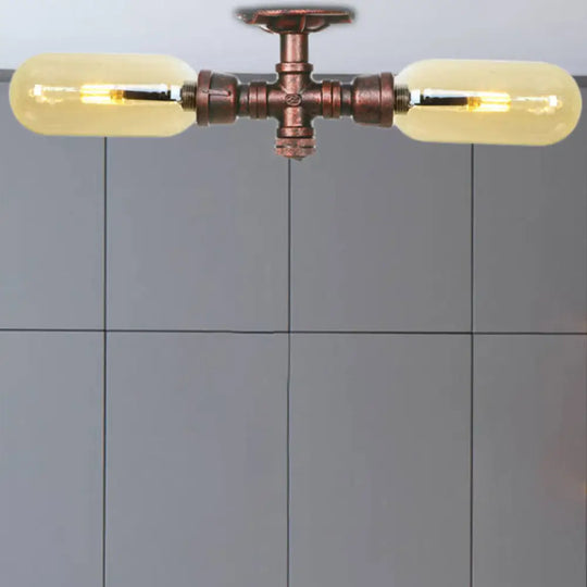 Rustic 2 - Bulb Kitchen Ceiling Light With Amber Glass Shade And Weathered Copper Pipe Design / A