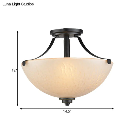 Rustic 2-Head Frosted Glass Ceiling Light For Kitchen - Rural Dome Semi-Flush Mount In Black