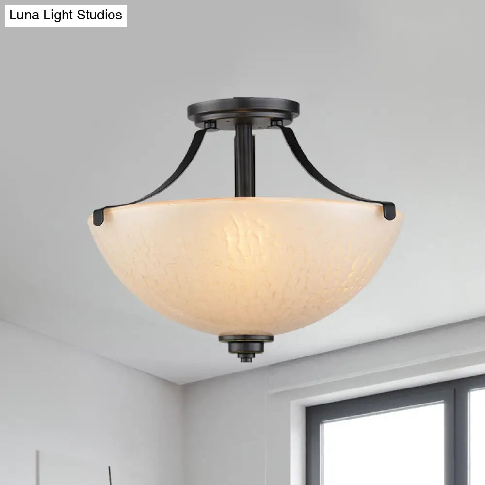 Rustic 2-Head Frosted Glass Ceiling Light For Kitchen - Rural Dome Semi-Flush Mount In Black