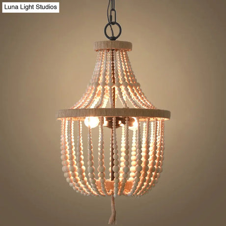 Rustic 2-Head Wood Pendant Chandelier: Handcrafted Beaded Basket Lamp For Restaurants