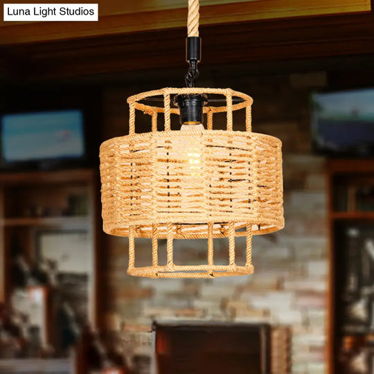 Farmhouse Brown Rope Pendant Lamp: 2-Layered Cylinder Design 1 Head Ideal For Living Room Ceiling