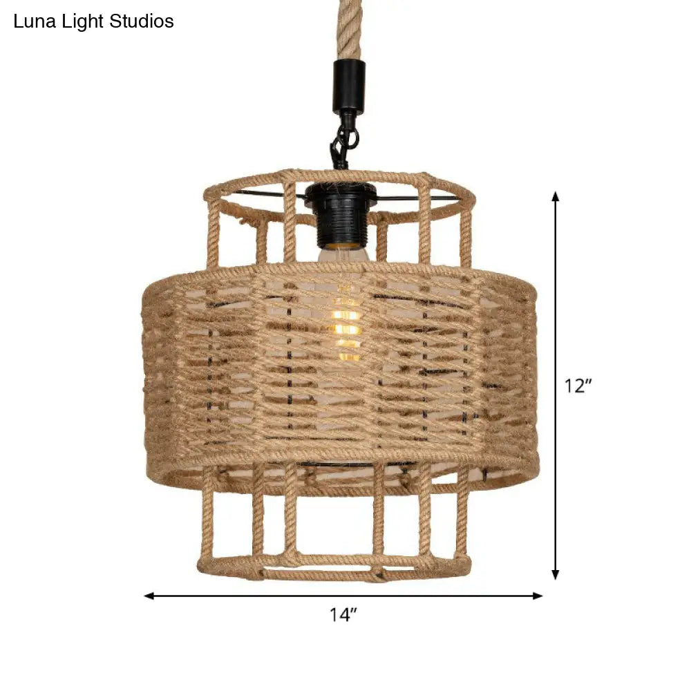Rustic 2-Layered Cylinder Pendant Lamp With Rope And 1 Head For Living Room Ceiling In Brown