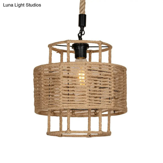 Farmhouse Brown Rope Pendant Lamp: 2-Layered Cylinder Design 1 Head Ideal For Living Room Ceiling