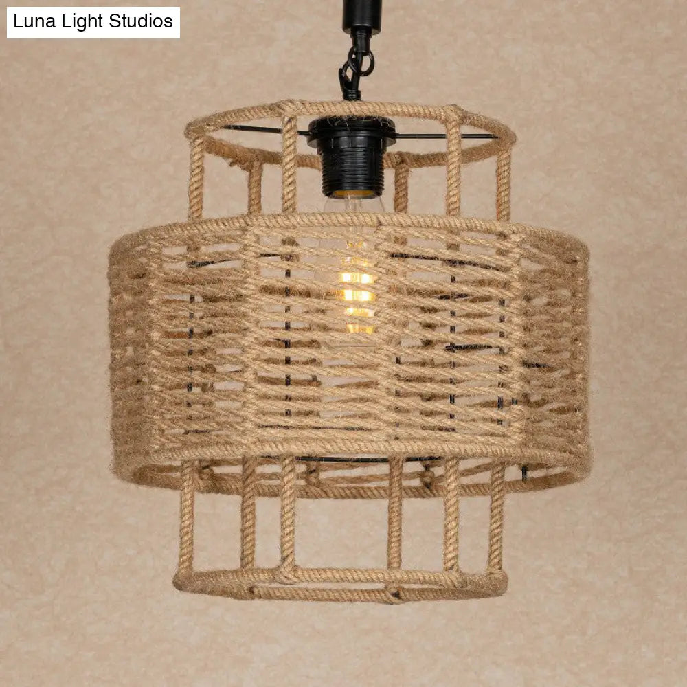 Rustic 2-Layered Cylinder Pendant Lamp With Rope And 1 Head For Living Room Ceiling In Brown