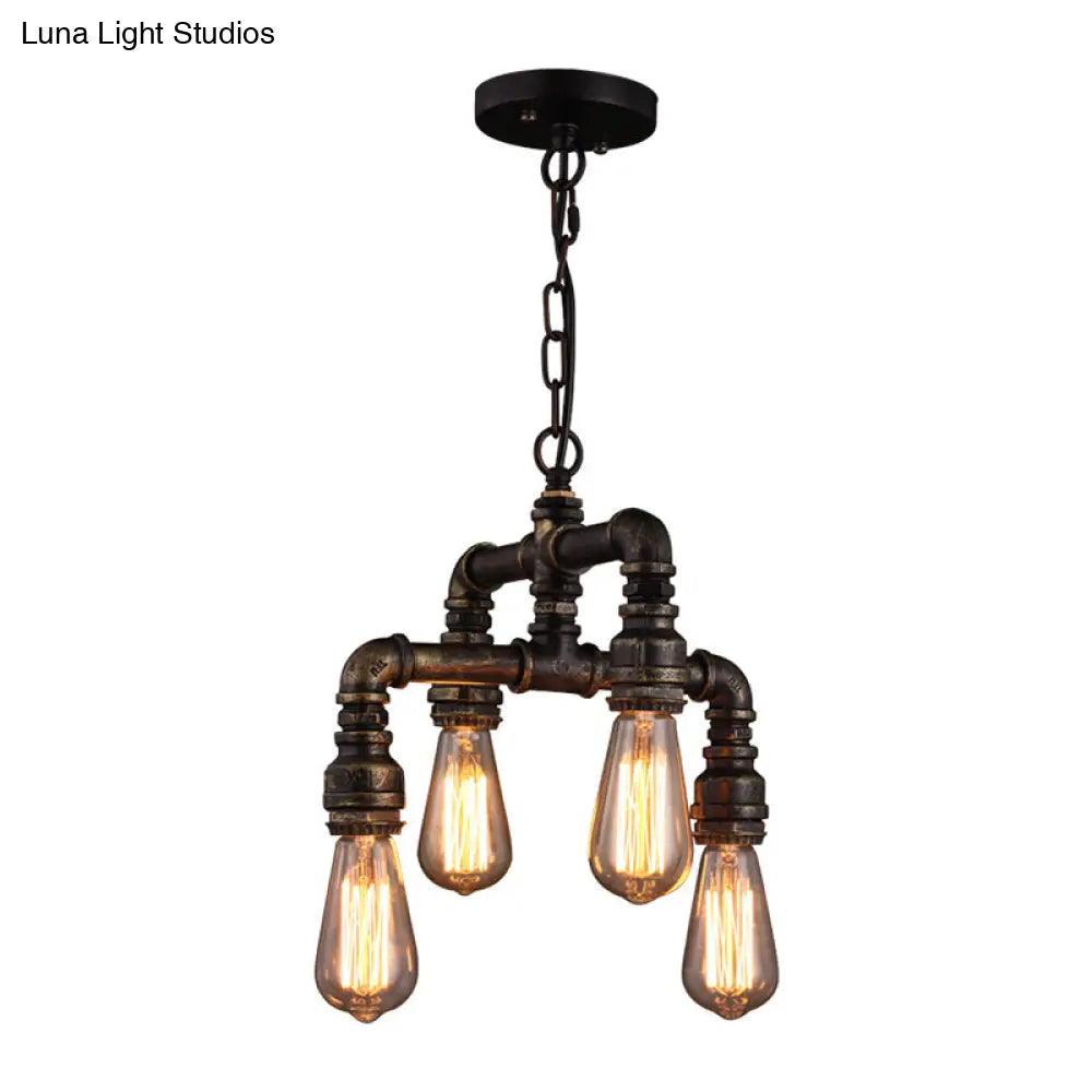 Rustic Industrial Chandelier With 4 Bulb Pendant Lights & Iron Pipes