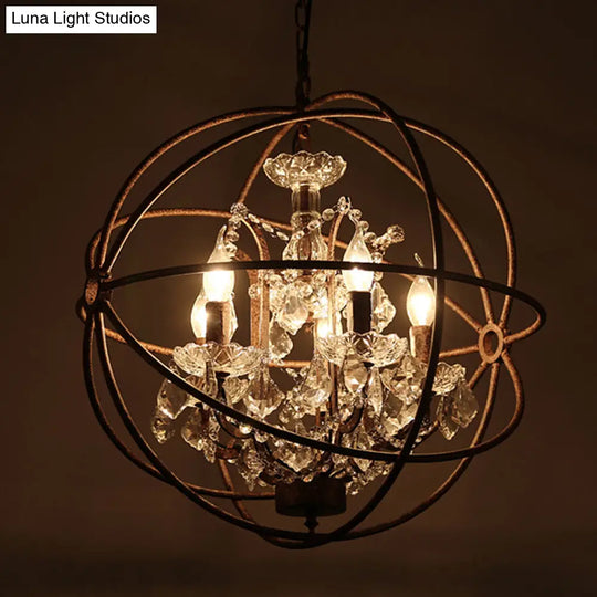 Rustic 4-Light Wrought Iron Chandelier Pendant With Crystal Deco For Restaurants