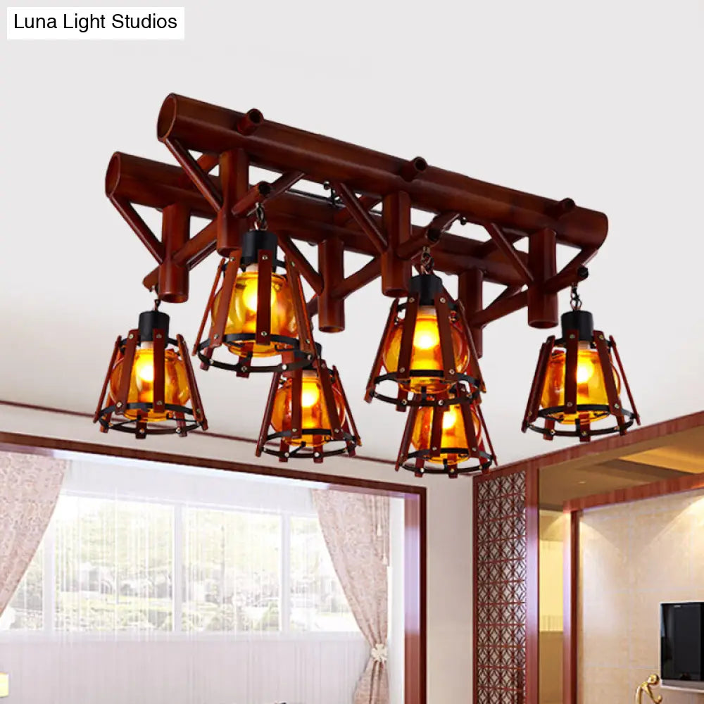 Rustic 6-Light Semi Flush Ceiling Lighting With Bamboo Shade - Perfect For Dining Room Brown