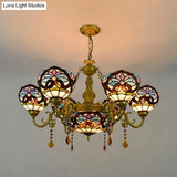 Rustic 7-Light Stained Glass Chandelier With Blue Crystal Pendant For Bedroom
