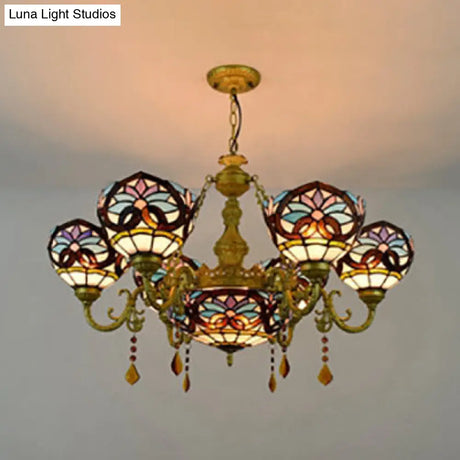 Rustic 7-Light Stained Glass Chandelier With Blue Crystal Pendant For Bedroom