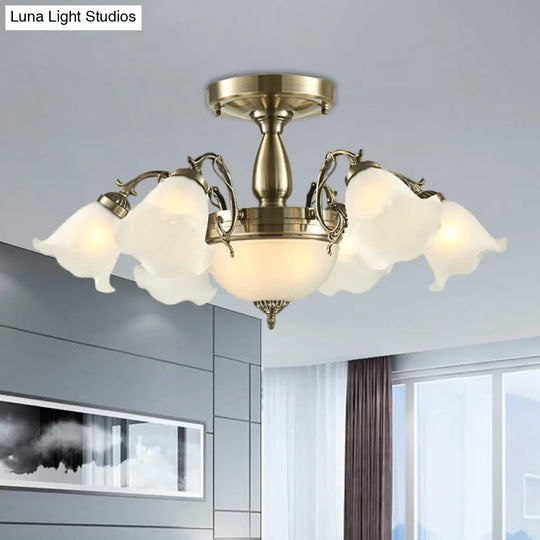 Rustic 8-Bulb Semi Mount Ceiling Lamp With Scroll Arm - Bronze/Brass/Copper Finish And Milky Glass