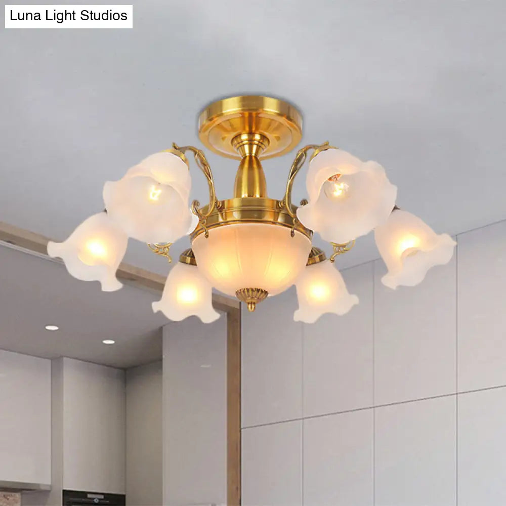 Rustic 8-Bulb Semi Mount Ceiling Lamp With Scroll Arm - Bronze/Brass/Copper Finish And Milky Glass