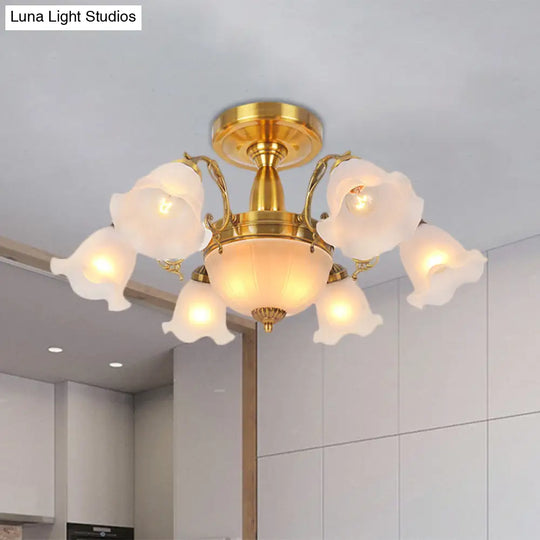 Rustic 8-Bulb Semi Mount Ceiling Lamp With Scroll Arm - Bronze/Brass/Copper Finish And Milky Glass