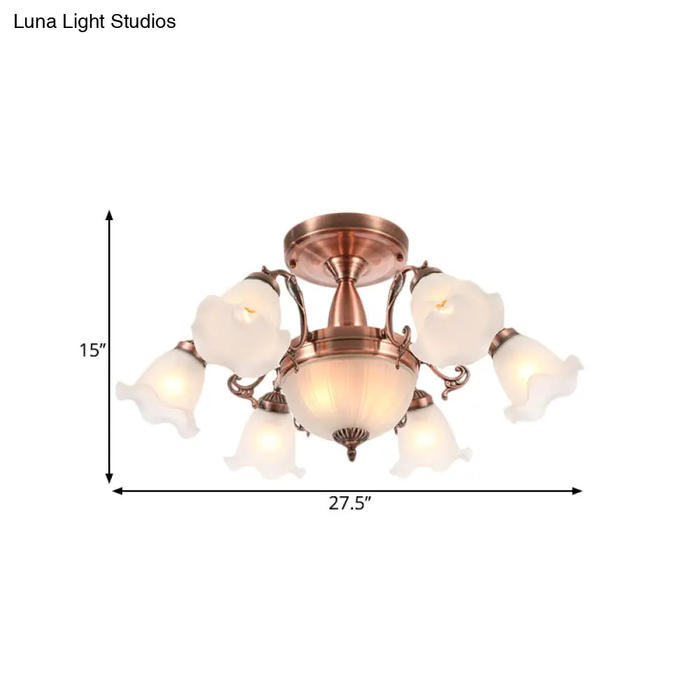 Rustic 8-Bulb Semi Mount Ceiling Lamp With Scroll Arm - Bronze/Brass/Copper Finish And Milky Glass