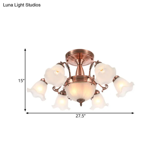 Rustic 8-Bulb Semi Mount Ceiling Lamp With Scroll Arm - Bronze/Brass/Copper Finish And Milky Glass