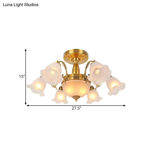 Rustic 8-Bulb Semi Mount Ceiling Lamp With Scroll Arm - Bronze/Brass/Copper Finish And Milky Glass
