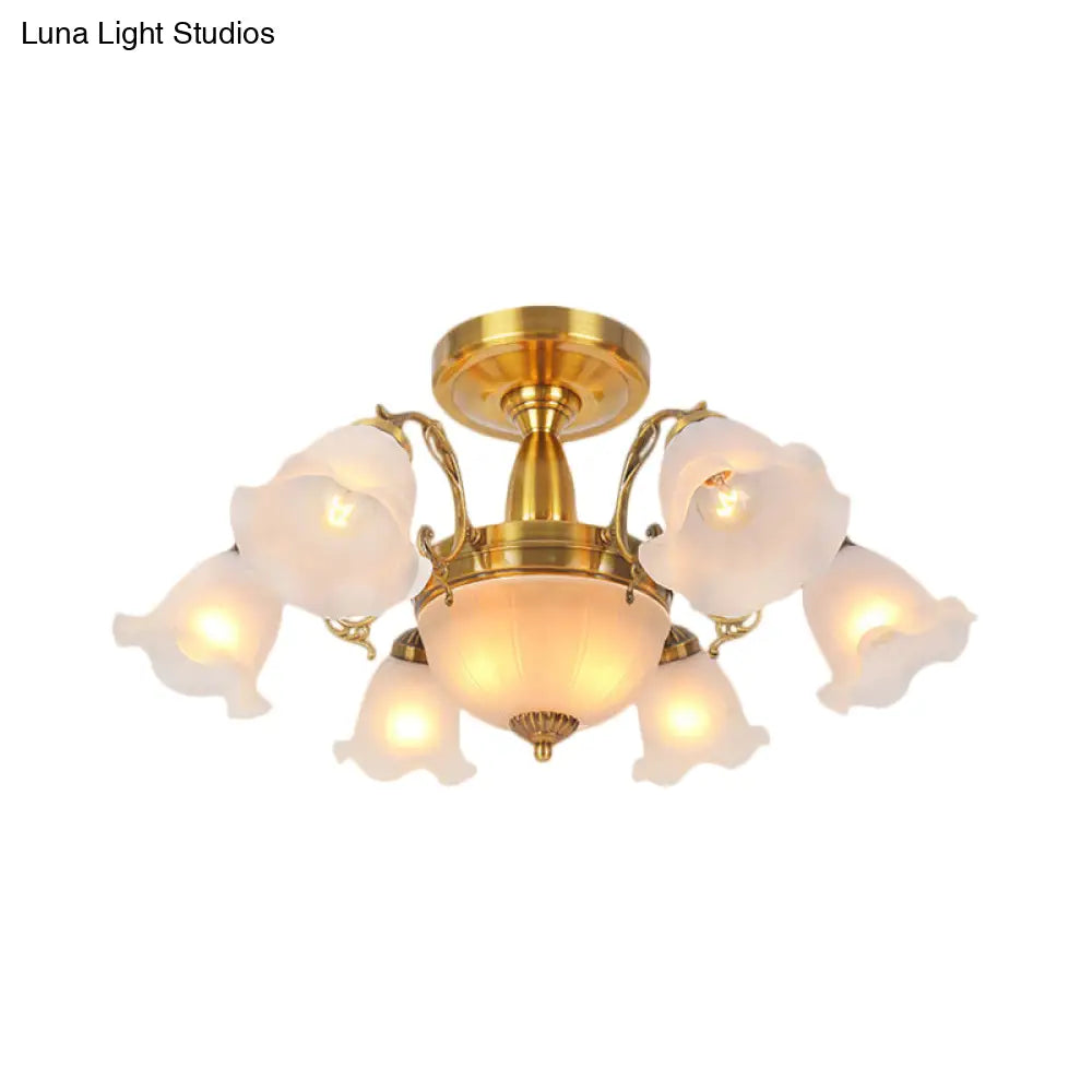 Rustic 8-Bulb Semi Mount Ceiling Lamp With Scroll Arm - Bronze/Brass/Copper Finish And Milky Glass
