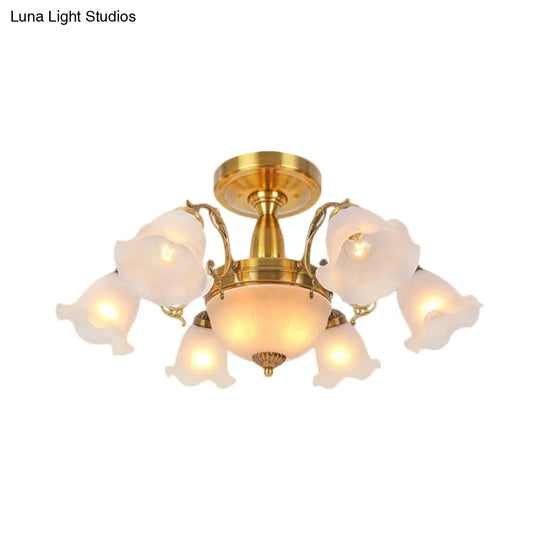 Rustic 8-Bulb Semi Mount Ceiling Lamp With Scroll Arm - Bronze/Brass/Copper Finish And Milky Glass
