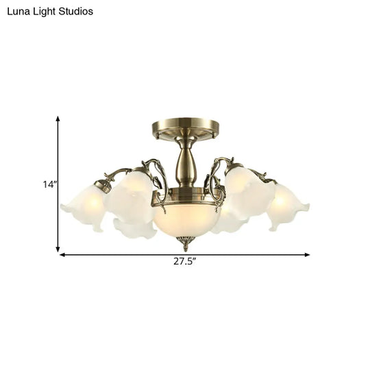 Rustic 8-Bulb Semi Mount Ceiling Lamp With Scroll Arm - Bronze/Brass/Copper Finish And Milky Glass