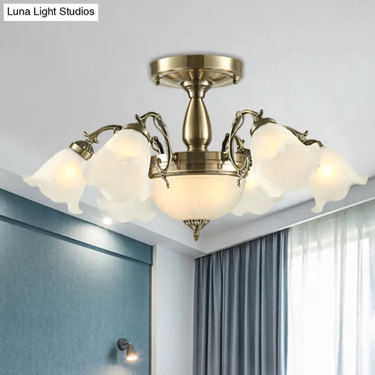 Rustic 8-Bulb Semi Mount Ceiling Lamp With Scroll Arm - Bronze/Brass/Copper Finish And Milky Glass