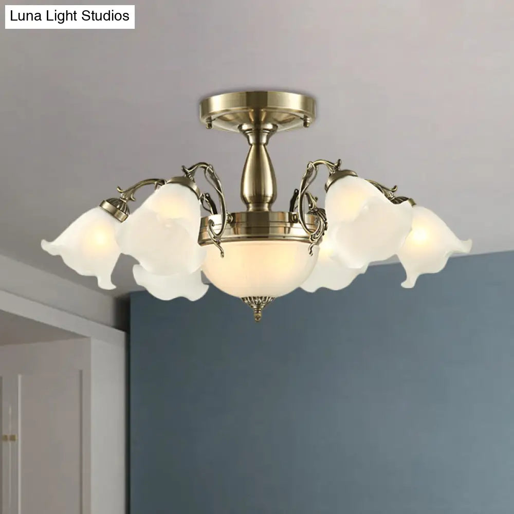 Rustic 8-Bulb Semi Mount Ceiling Lamp With Scroll Arm - Bronze/Brass/Copper Finish And Milky Glass