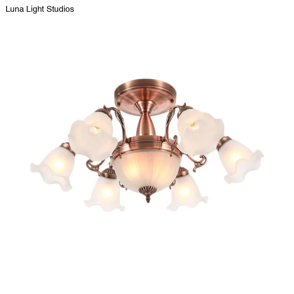 Rustic 8-Bulb Semi Mount Ceiling Lamp With Scroll Arm - Bronze/Brass/Copper Finish And Milky Glass