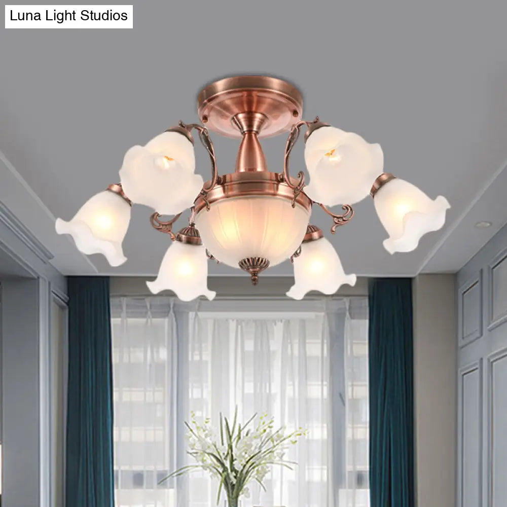 Rustic 8-Bulb Semi Mount Ceiling Lamp With Scroll Arm - Bronze/Brass/Copper Finish And Milky Glass