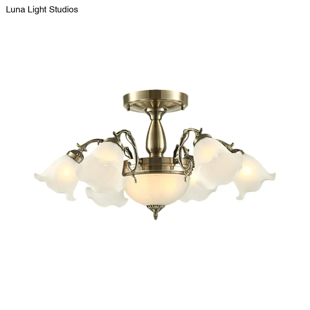 Rustic 8-Bulb Semi Mount Ceiling Lamp With Scroll Arm - Bronze/Brass/Copper Finish And Milky Glass