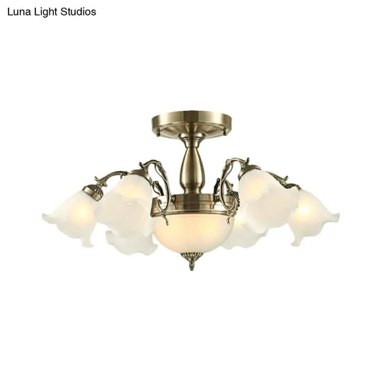 Rustic 8-Bulb Semi Mount Ceiling Lamp With Scroll Arm - Bronze/Brass/Copper Finish And Milky Glass