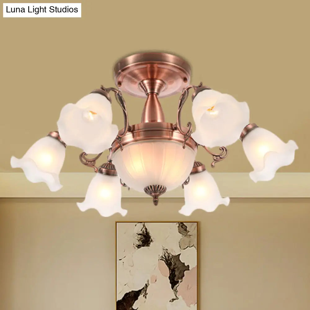 Rustic 8-Bulb Semi Mount Ceiling Lamp With Scroll Arm - Bronze/Brass/Copper Finish And Milky Glass