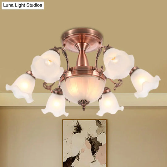 Rustic 8-Bulb Semi Mount Ceiling Lamp With Scroll Arm - Bronze/Brass/Copper Finish And Milky Glass
