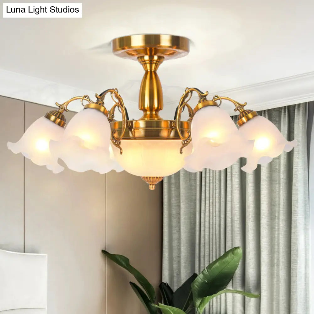 Rustic 8-Bulb Semi Mount Ceiling Lamp With Scroll Arm - Bronze/Brass/Copper Finish And Milky Glass