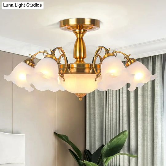 Rustic 8-Bulb Semi Mount Ceiling Lamp With Scroll Arm - Bronze/Brass/Copper Finish And Milky Glass
